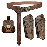 EpicCos 3 PCs Medieval Faux Leather Costume Accessories, Viking Embossed Arm Guard with Buckle Belt and Side Bag For LARP (Brown A)