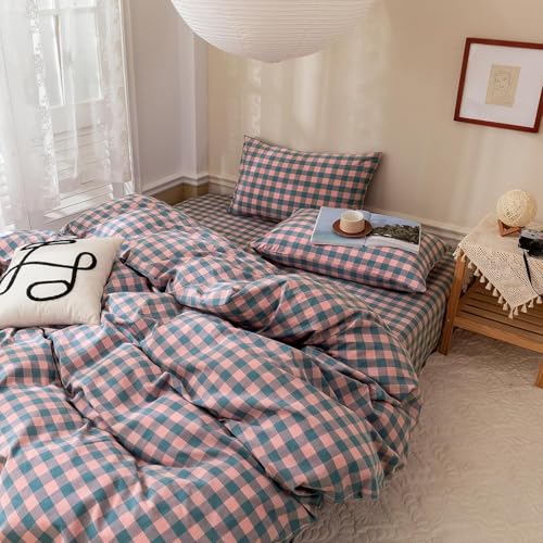 Image of mixinni Plaid Duvet Cover Set Queen Purple - Soft Washed Cotton Modern Geometric Bedding Set with 2 Pillowcases, Pink Blue Gingham Grid Queen Duvet Cover for Men & Women, Soft & Lightweight