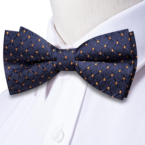 Image of Hi-Tie Bow Tie Men Pre Tied Bowtie Pocket Square Cufflinks Lapel Pin Formal Wedding Bow Ties for Men Party Tuxedo Bowtie Set,Blue Gold Plaid