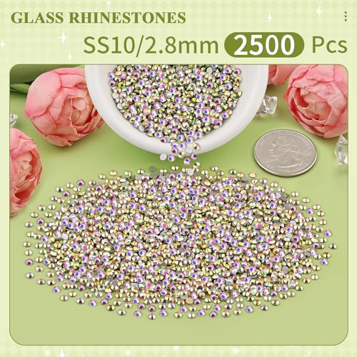 Image of 2500PCS SS10 /2.8mm Crystal Glass Rhinestones for Bedazzling (Crystal AB) | Flatback AB Rhinestones for Crafting DIY Crafts Nail Makeup Decoration, Gems Diamond Charms for Tumbler Shoes Clothing Mug