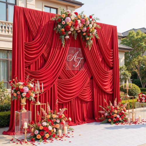 Image of 8 Panels 5x12ft Red Backdrop Curtains for Wedding Parties, Wrinkle Free Polyester 12 ft Long Photo Backdrop Drapes Back Drop Cloth for Birthday Christmas Ceremony Photography Background