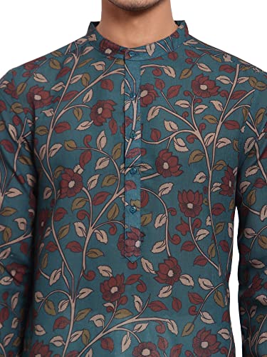 Image of Style Quotient Men Green Ethnic Motifs Printed Thread Work Kurta
