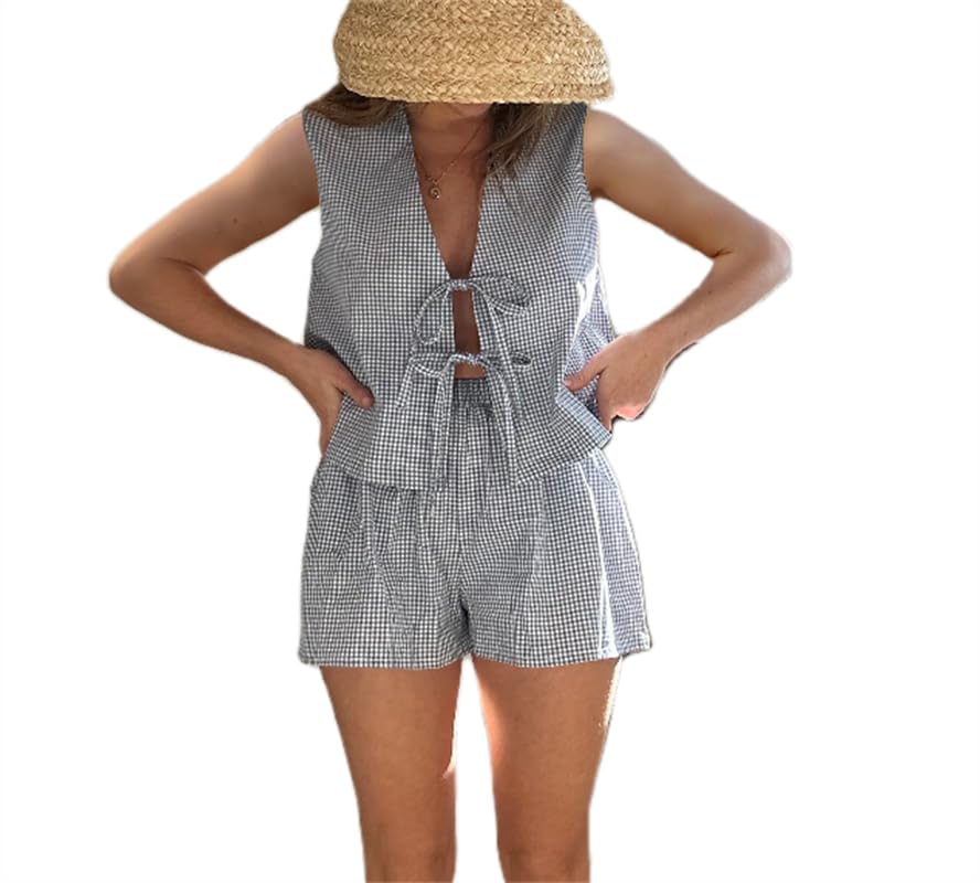 Thopavenoir Women Y2k Summer Set 2 Piece Loungewear Sleeveless Tie Front Tank Top Vest Baggy Shorts PJ Set Vacation Dark Blue, Large