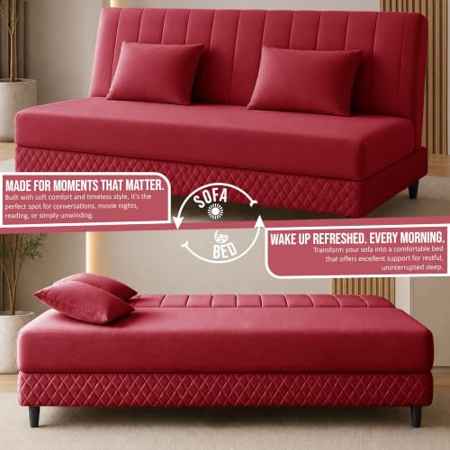 Image of Rosebell Modern 3 Seater Velvet Sofa Cum Bed with Cushion | Premium Upholstered Fabric | Tufted Backrest | Wooden Legs | Living Room Furniture | Red