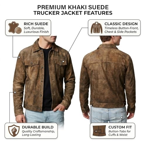 Image of Mens Premium Brown Suede Leather Trucker Jacket - Vintage Classic Motorcycle Western Goat Leather Coat
