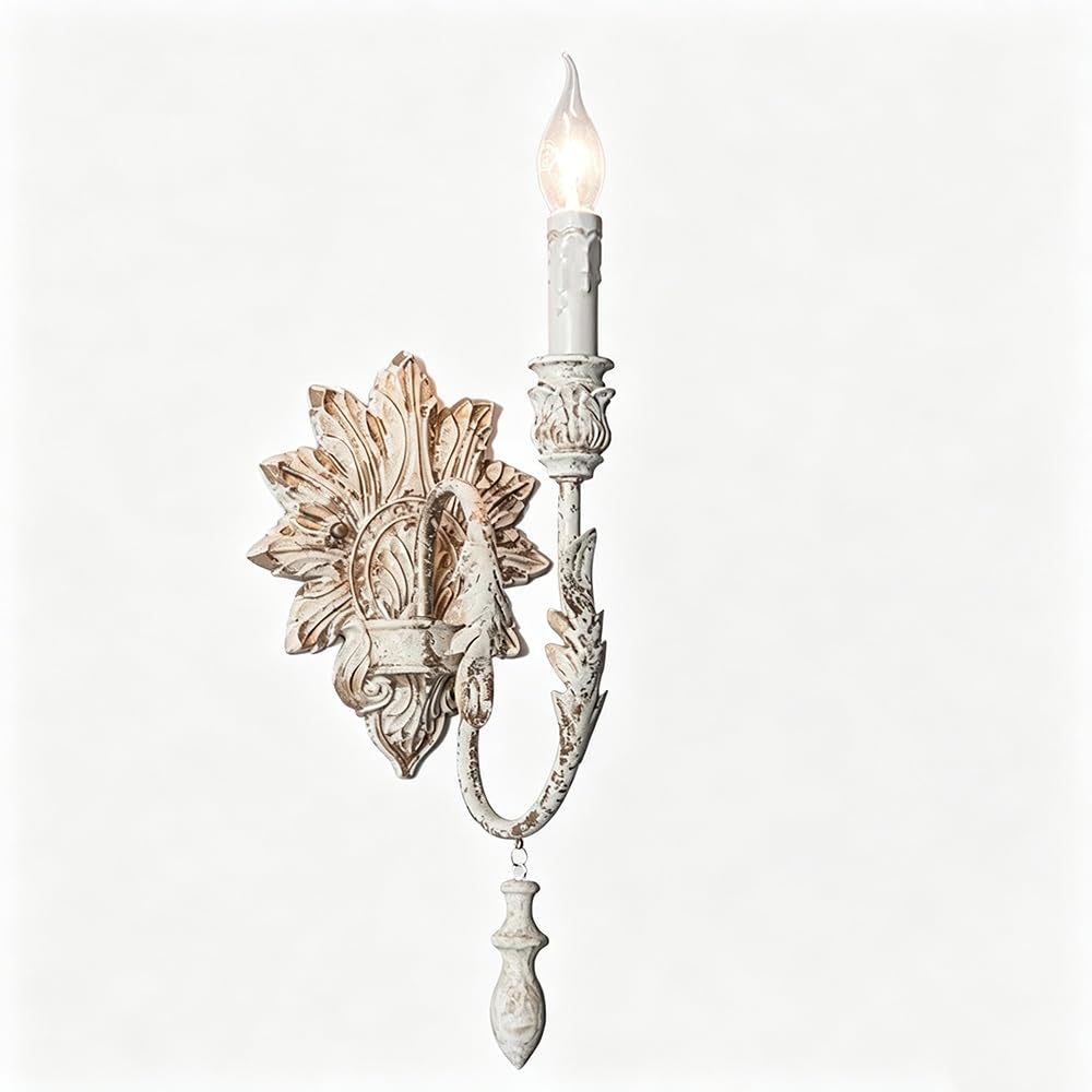 Vintage Rustic Candle Wall Sconce Farmhouse Distressed White Wall Light
