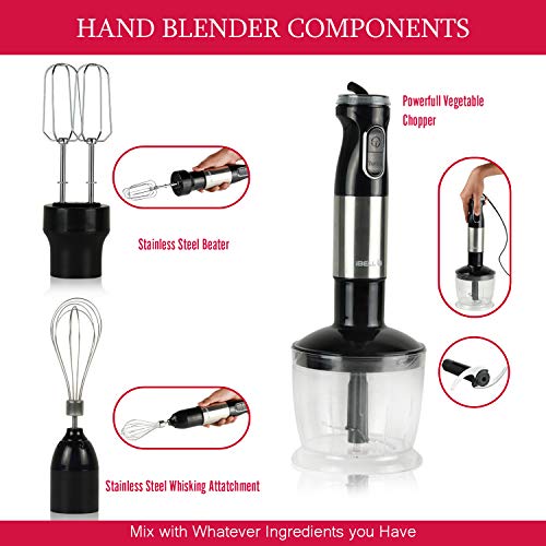 Image of iBELL HB1300K 1000W 4 in 1 Hand Mixer with Whisker, Beater, Blender & Vegetable Chopper /Cutter. Electric Cream Maker with 5 Speed Turbo Motor, 600ml Container (Black)