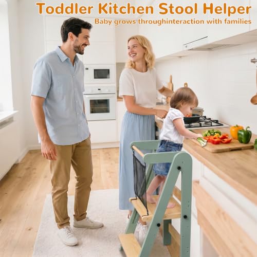 Image of ROOMTEC Foldable Toddler Kitchen Tower, 3 Adjustable Height Wooden Step Stool, Toddler Standing Tower with Safety Net (Green)