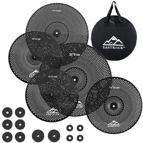EASTROCK Low Volume Cymbal Pack - 5 Piece Set With Cymbal Bag, Felts - 14' Hi-hat, 16' & 18' Crash, 20' Ride (Black)