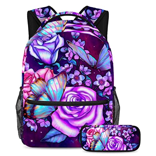 Sac à dos papillon et roses avec sa trousse assortie pour la scolarité des enfants et ados