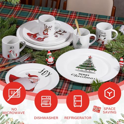 12 Piece Christmas Melamine Dinnerware Set for 4 Guest, 10" Dinner Plates, 8" Salad Plates, 9 oz Mug Shatterproof Xmas Dishes Gift for Home Party Festive Holiday Celebrations – Image 4