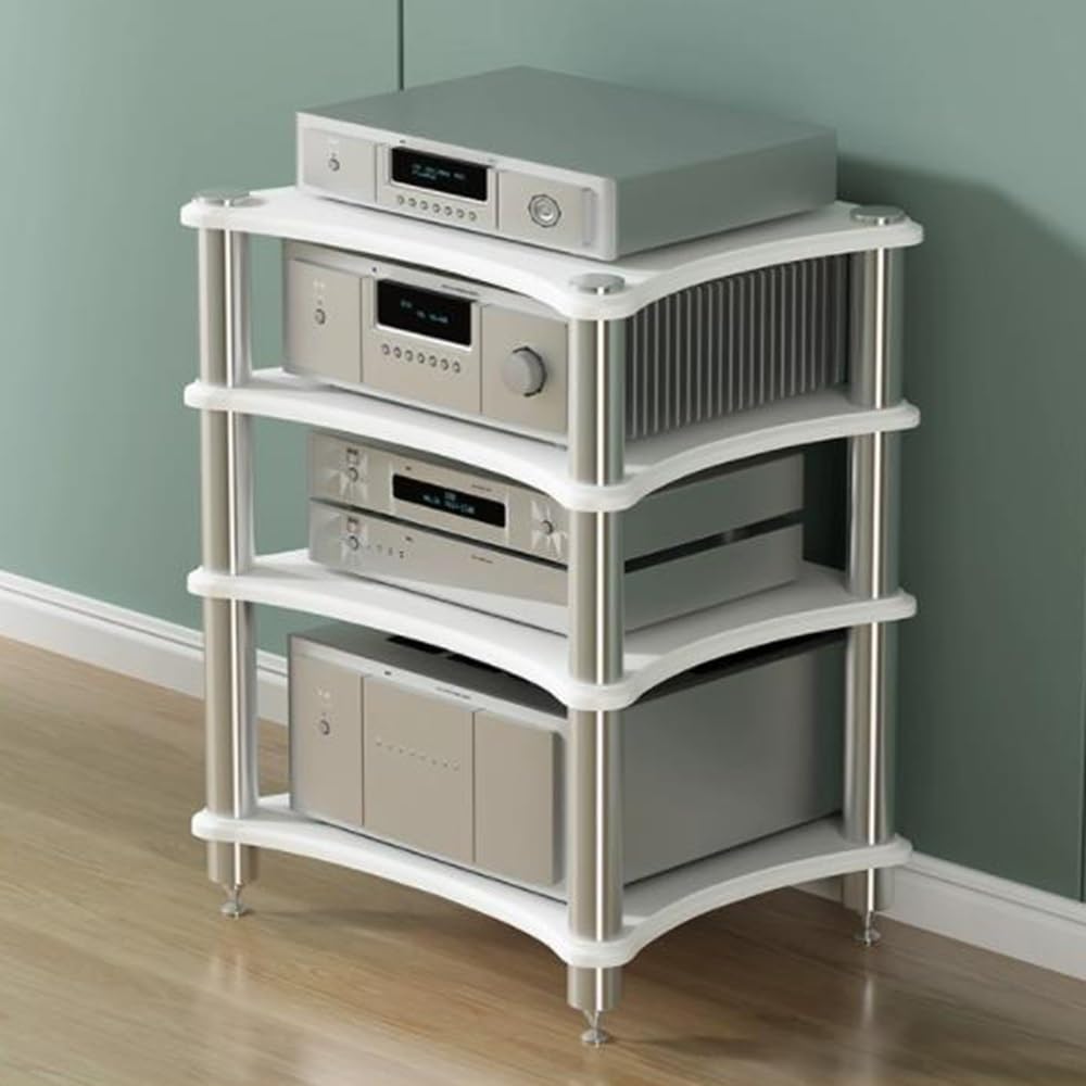 Szafka na sprzęt audio HiFi z 4 poziomami – stojak na sprzęt stereo, wzmacniacz i konsolę audio-wideo – stylowy mebel do domowej rozrywki (biały, 4 poziomy)