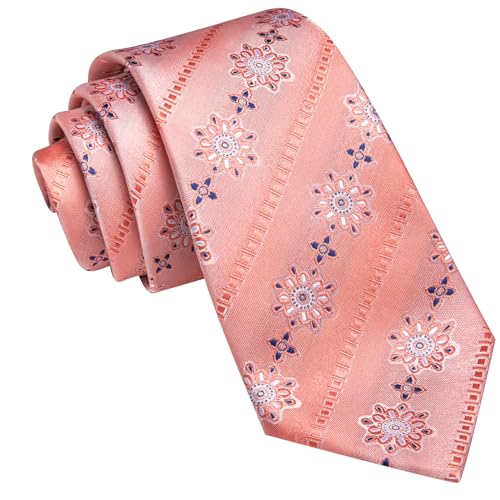 Image of Barry.Wang Coral Pink Ties for Men Floral Tie Necktie and Tie Clip Wedding Business Flower Formal