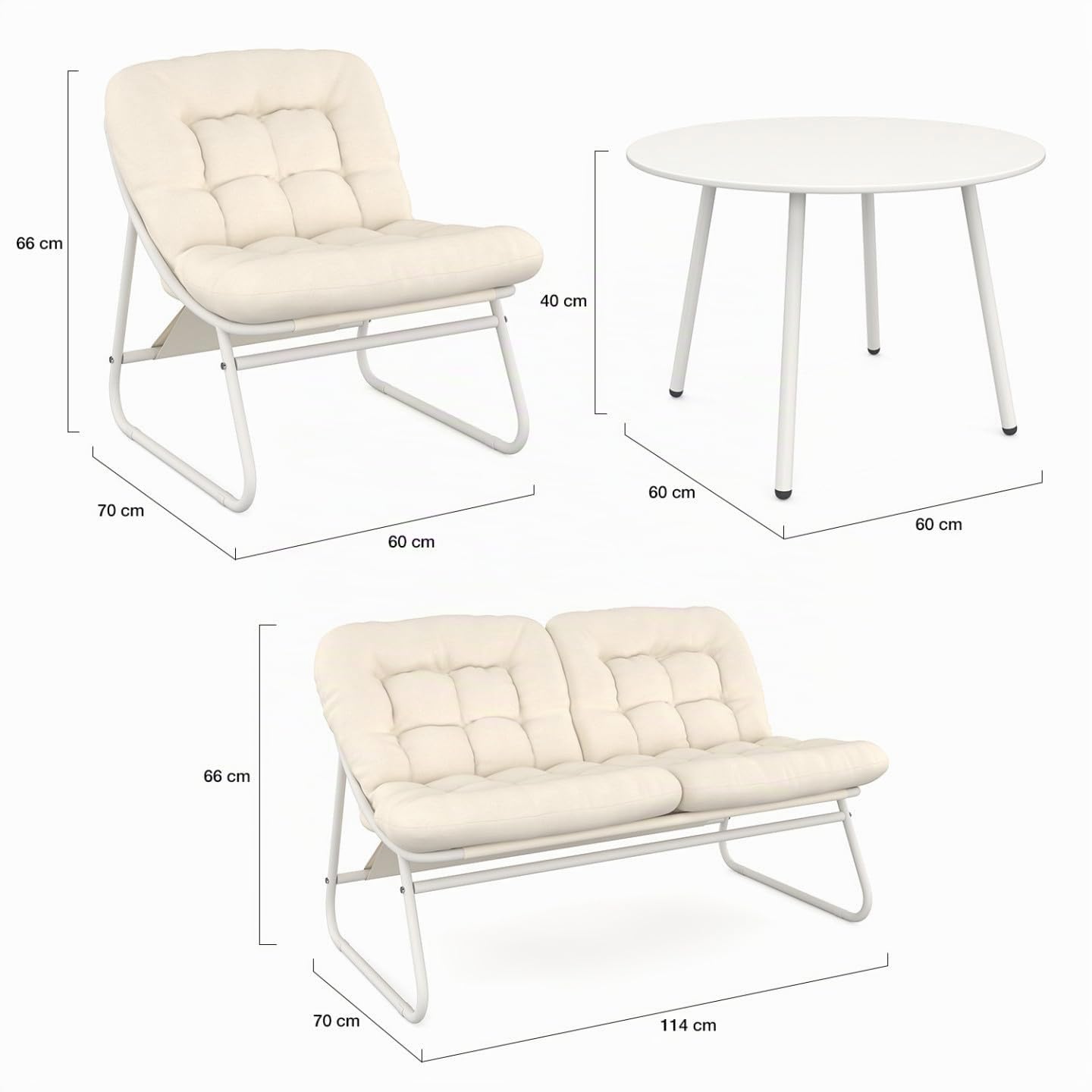 IDMarket - Muebles de jardín Arona bajo 4 plazas en metal blanco y cojines beige con sofá, sillón y mesa