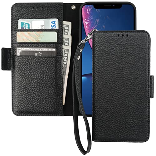 Bocasal Wallet Case for iPhone XR, Genuine Leather Support Wireless Charging RFID Blocking Flip Case Card Slots Holder, Kickstand Book Folding Folio Cover with Wrist Strap 6.1 Inch (Black)
