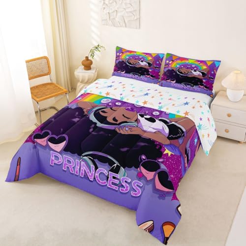 Image of Erosebridal Black Girls Comforter Set Magical African American Queen Bedding Set Rainbow Afro Pretty Girls Comforter Love Music Purple Girl Duvet Insert for Teens Kids Princess Cute Room Decor