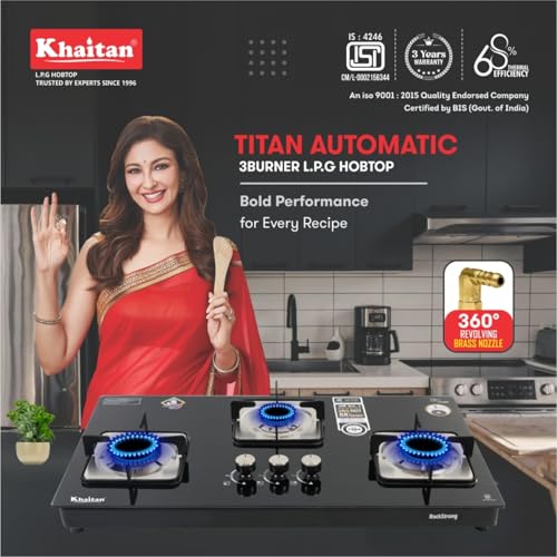 Khaitan RockStrong TITAN Automatic 3 Burner Premium HobTop | Xpress Brass Burner | Toughened Glass Cooktop | ISI Certified | 1+2 Years Extended... - Image 6