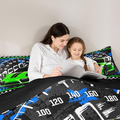 Image of Feelyou Boys Race Car Comforter Race Sports Car Bedding Set for Kids Boys Sports Theme Comforter Set Toddler Size Checkered Inner Fill Duvet Set Fluorescent Green 1 Comforter Set with 1 Pillowcase