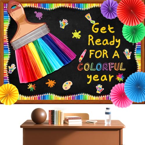 Image of Welcome Back to School Bulletin Board Decorations, Art Classroom Door Decor Set Crayon Border 3D Rainbow Brush Fans First Day of School Painting Paper Cutouts for Bulletin Board Wall Party Supplies