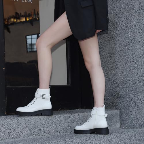Women's Ankle Boots Classic Low Heel Womens Motorcycle Boots Straps Zippers Lace up Fashion Combat Booties for Women with Buckle Straps2