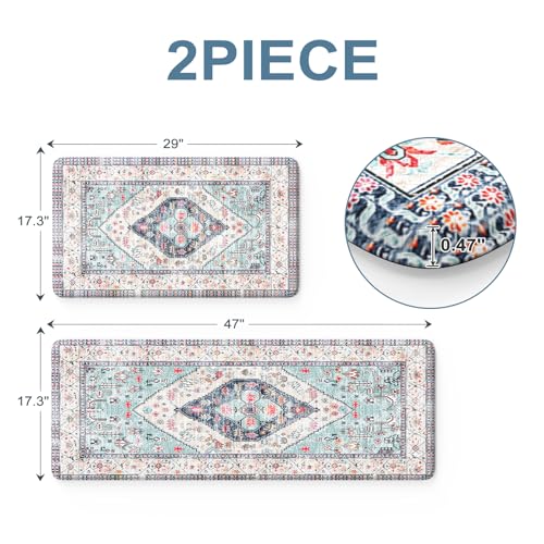 Sungea Anti Fatigue Mats for Kitchen Floor Set of 2, Waterproof Non-Skip Kitchen Rugs,Ergonomic Kitchen Floor Mats Cushioned,Comfort Foam Standing Mat for Office,Laundry Room,Sink,Counter, Desk(Blue)