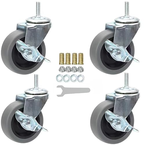 3 Inch Swivel Stem Caster Wheels with Brake Set of 4, M8-1.25 Threaded Stem Industrial Rubber Casters, Replacement for Furniture and Workbench&hellip;&hellip;