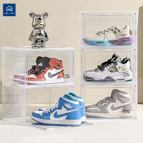 Image of House of Quirk Organizer, Storage Boxes With Magnetic Door, Large Clear Stackable Plastic Containers for Shoes (8Box, White)