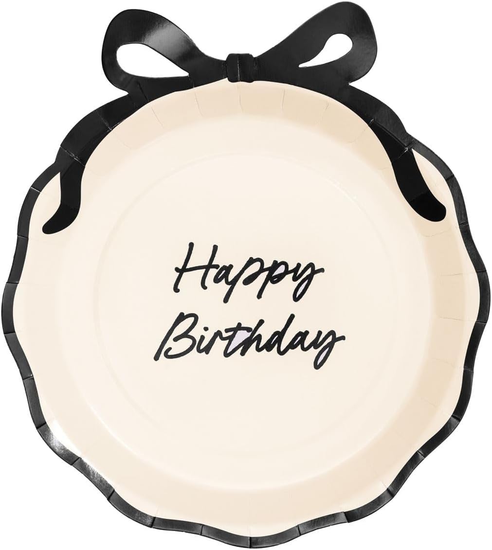 Inevitable Happy Birthday Paper Plates with Black Bow Design, 24 cm, 6 Pack, White and Black