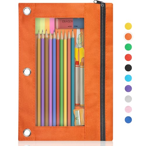 Image of Shemira Pencil Pouch for 3 Ring Binder, Binder Pencil Pouch with Smooth Zipper, Clear Window Pencil Case for Binder, Zipper Pencil Pouches, Big Capacity 3 Ring Binder Pencil Bag, Orange