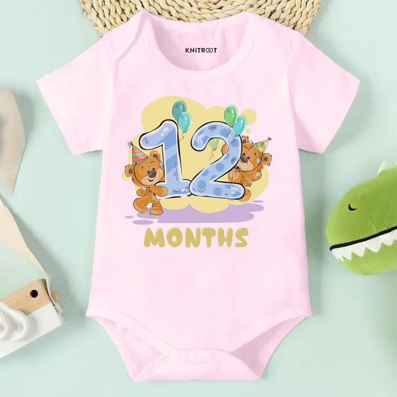 Image of Knitroot Monthly Birthday Teddy Special, Newborn Baby Half Sleeve Unisex Romper, Onesies, Sleepsuit, Body Suit, Envelope Neck, 1 to 12 Months Print, 0-12 Months, Infant Cloth for Boys & Girls