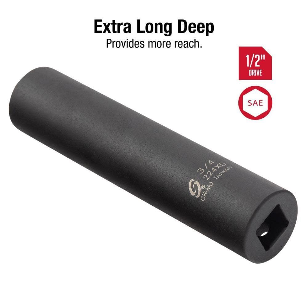 SUNEX TOOLS 224XD, 1/2 Inch Drive, 3/4 Inch Extra Long Deep, Impact Socket, Cr-Mo Alloy Steel, Radius Corner Design, Dual Size Markings - Image 2
