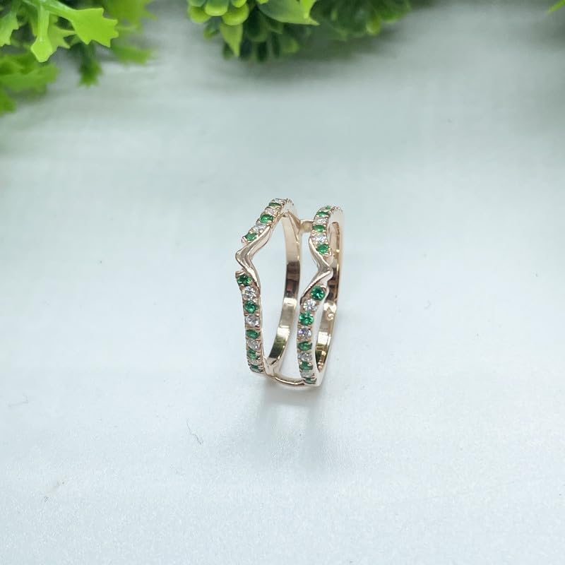 Green Emerald & White Diamond V Shaped Enhancer Guard For Women, 14k Gold Finish May Birthstone Green Emerald Wrap Ring, Anniversary Band