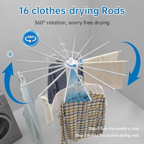 Image of Tripod Clothes Drying Rack Clothing Foldable & Portable Garment Rack Space Saving Laundry Aluminum Standing with 16 Poles Silver & White Floor Collapsible Household Indoor & Outdoor Holder