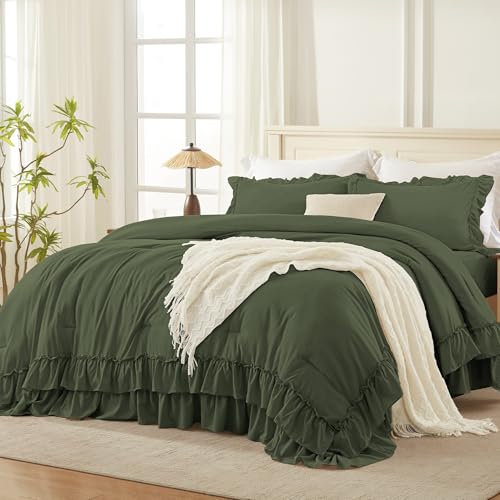 Image of Andency Olive Green Queen Comforter Set (90x90Inch), 3 Pieces Lightweight Fluffy Ruffle Bedding Comforter Sets for Queen Bed, Farmhouse Shabby Chic Soft Polyester All Season Bed Set
