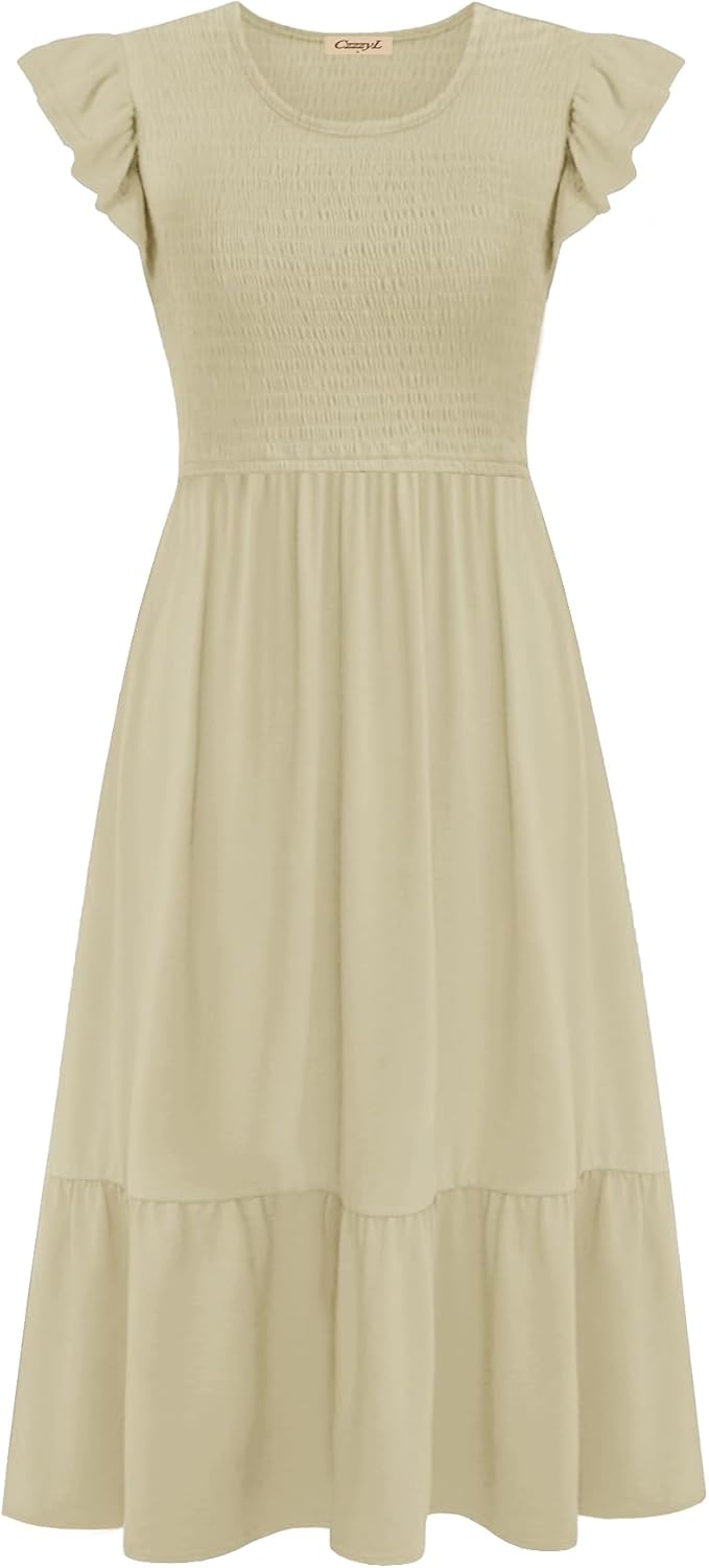 Women's Nursing Dress Flutter Short Sleeve Crew Neck Smocked Elastic Waist Tiered Midi with Pockets - Image 4