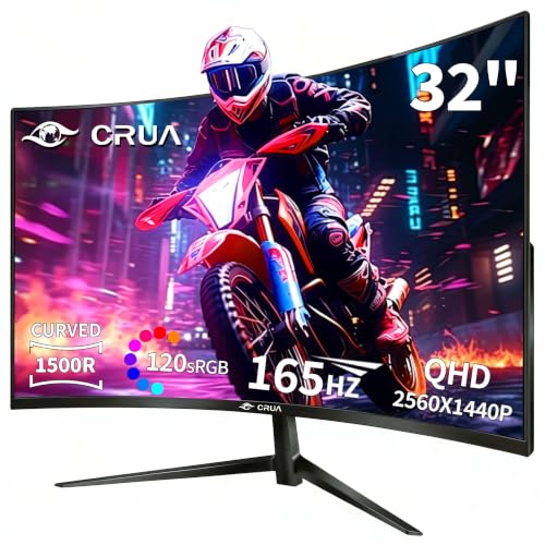 CRUA Ecran PC Gaming Incurvé 32 Pouces 2K (2560x1440p) 165Hz 144Hz,1 ms, Panneau VA, 1500R, sRGB 120%, DCI-P3 90%, Adaptive-Sync, Ultra-Thin Frameless HDMI,DP,VESA