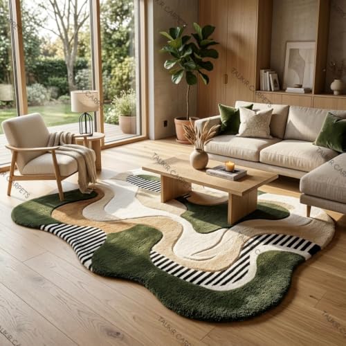 Image of Carpet for Living Room Irregular Abstract Shag Area Rug, Super Soft Fluffy Modern Designer Floor Rug. 3 x 5 Feet (91.44 x 152.40 cm) Green Multi