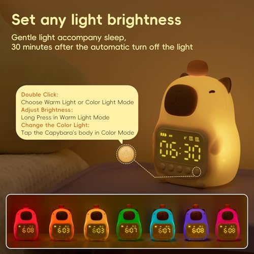 Image of Capybara Alarm Clock with Night Light for Kids, Cute Toddler Alarm Clocks for Bedrooms Ok to Wake Clocks for Girls and Boys, Silicone Animal Tabletop Lamp for Kid, RGB Color