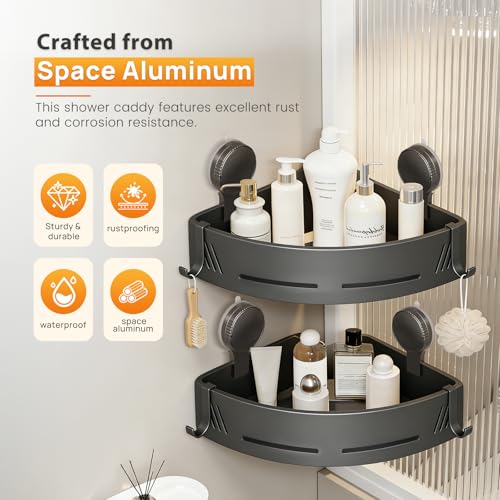 Triangular-Corner-Shower-Caddy-2-Pack-with-Suction-Cups-and-Hooks-Gun-grey-aluminum-shower-shelves-for-smooth-corner-walls-no-drilling-suction-cup-mounting-and-built-in-hooks