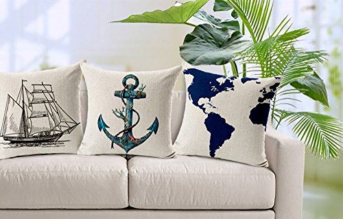 Vogol Durable Cotton Linen Throw Pillow Case Cushion Cover, Blue Rust Nautical Anchor Sailing Map, Square Pillowcase For Bedding Sofa Chair Car Seat, 18 X 18 Inch #TOP1