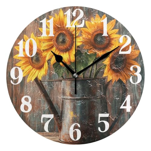 Clock for Living Room Sunflowers Old Watering Can Wall Clock Round Kitchen 10 Inch Non-Ticking Silent Battery Operated Quartz Atomic Analog Clocks Decorative Bedroom Home