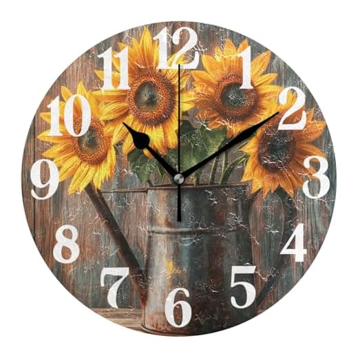 Clock for Living Room Sunflowers Old Watering Can Wall Clock Round Kitchen 10 Inch Non-Ticking Silent Battery Operated Quartz Atomic Analog Clocks Decorative Bedroom Home