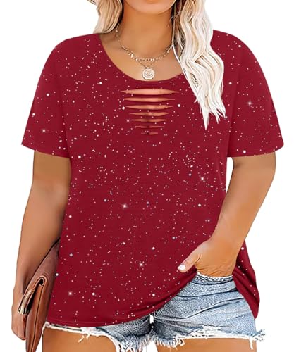 Image of CARCOS Plus Size Tops for Women Short Sleeve Shirts Basic Tee Solid Color Blouse V Neck Tunic Loose Fit Tshirts Summer XL-5XL