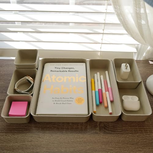 Image of Welaxy Minimalist Felt Desk Drawer Organizer Tray 8pc Stone Storage Bins