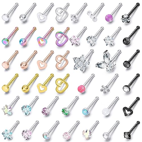 Prjndjw 18G Nose Rings Studs Nose Rings for Women Nose Piercings Jewelry Surgical Stainless Steel Straight Nose Studs Moon Star Heart Butterfly Hypoallergenic Body Piercing Jewelry for Women Men 44PCS