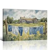 Laundry Wall Art Rustic Farmhouse Pictures Wall Decor Country Landscape Painting Prints Watercolor Canvas Poster for Living Room Bedroom Bathroom Decor Framed(Rustic,12L x 18W)