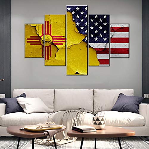American Flag Art Usa New Mexico State Flags Wall Art Contemporary Decor Patriotic Pictures 5 Piece Canvas Artwork House Decorations Living Room Ready To Hang Posters And Prints(60''Wx40') #TOP2