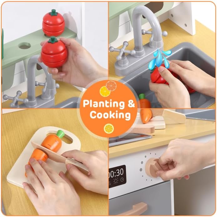 Miniatura 8 de Juego de cocina para niños con accesorios de utensilios de cocina, mini juguete de simulación de madera, juego de chef de granja y cocina con