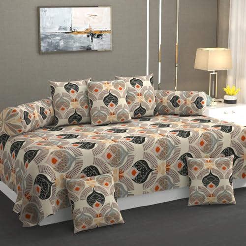 Image of COVE & HUES Cotton Diwan Set Covers |8 Pieces Diwan Cover Set|300 TC Fabric| Pure Cotton Printed Deewan Set (1 Single Bedsheet, 2 Bolster Covers, 5 Cushion Covers)|mulicolor Spades|KC 12