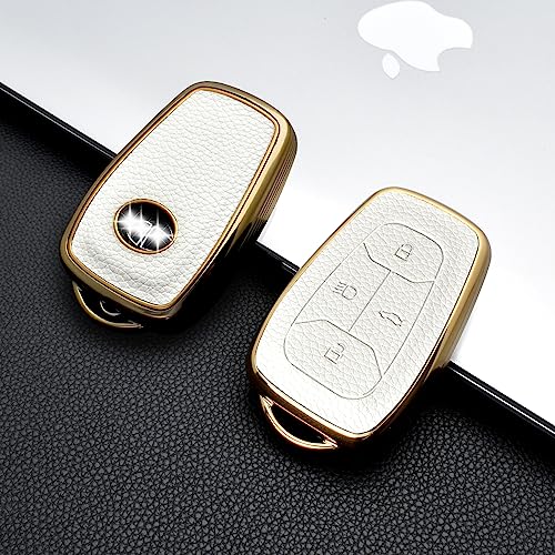 Image of JVCV Premium Soft Gold Border TPU Leather Pattern Key Cover Compatible with Tata Nexon, Harrier, Tiago EV, Altroz, Tigor, Safari, Nexon EV, Punch, Punch EV 4 Button Smart Key (White)